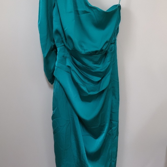 VICI Satin Teal One Shoulder MIDI Dress - Picture 11 of 13